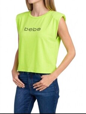 Bebe Lounge Lime Crystal Rhinestone Logo Padded Shoulder Top M NWT